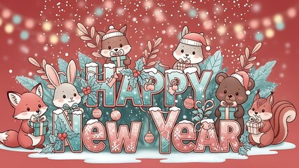 Cute cartoon animals celebrating happy new year with festive decorations