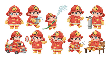Cute Firefighter Kid Cartoon Character Illustration Collection