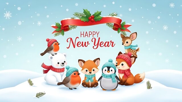 Adorable cartoon animals celebrate happy new year in a snowy landscape - Powered by Adobe