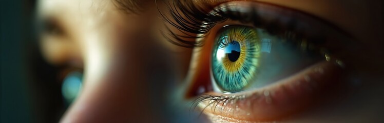 Close up photo of green eye in low key light. Detail shot of female eye with open pupil and long eyelashes. Beautiful iris portrait, vision concept for health industry.