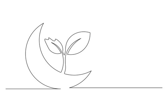 One line drawing of sprout growing on moon minimalist simplicity concept