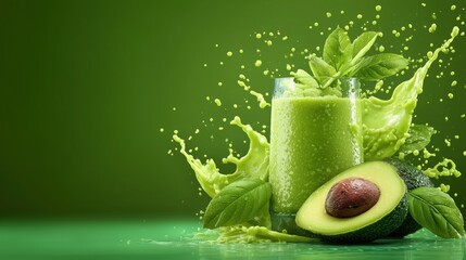 Green Smoothie with Avocado and Basil Leaves, Fresh and Vibrant for Healthy Lifestyle