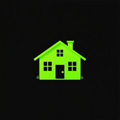 Green house icon graphic against dark backdrop. Residential building symbol represents home. Concept illustration of real estate property for sale or rent.