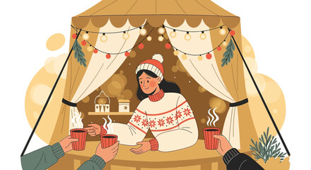 Cozy winter market scene featuring a vendor serving warm beverages in a festive tent