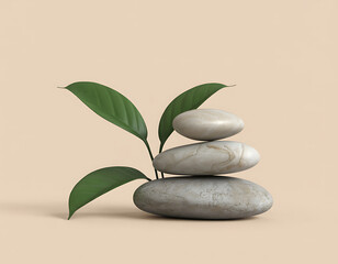 Zen balanced stones stacked with green leaves on a soft neutral background