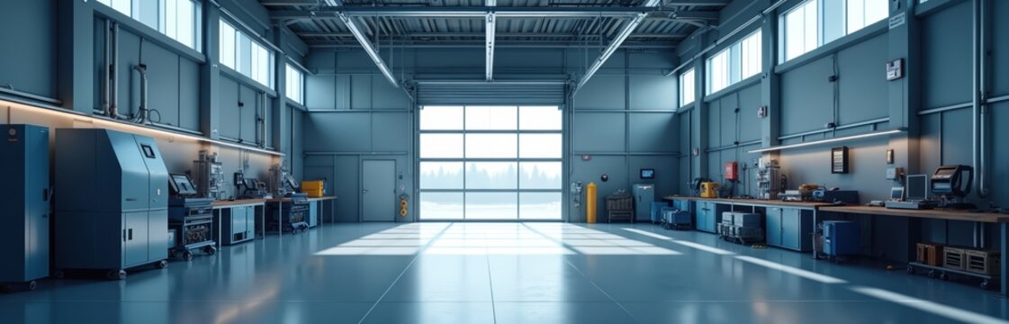 Spacious modern industrial workshop high tech equipment on sleek workbenches. Large empty floor, bright clean interior. Roller door opens to outside winter view. Contemporary auto repair,