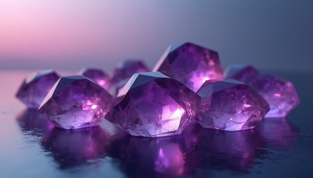 Shiny purple crystals with geometric facets reflect on wet surface. Violet gems glow in soft pink and blue light. This abstract background creates futuristic tech mood. It looks like dusk or twilight. - Powered by Adobe