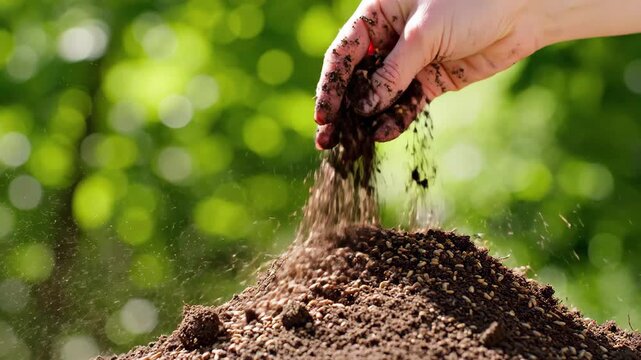 A hand sifting rich, dark soil with seeds, preparing for planting against a vibrant green background