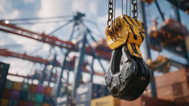 75Close-up of industrial crane hook mid-motion, vibrant containers in background, sunlight highlighting metallic surfaces and casting sharp shadows