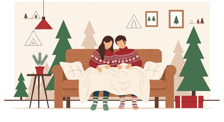 Cozy winter scene of a couple wrapped in a blanket on a sofa, adorned with seasonal decorations