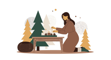 Cozy winter scene of a woman lighting candles surrounded by minimalist trees and decor