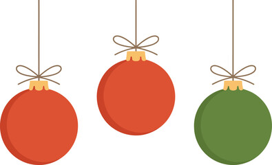 Three charming Christmas ornaments including two vibrant red and one festive green bauble hanging