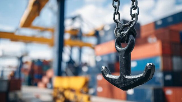 76Close-up of industrial crane hook mid-motion, vibrant containers in background, sunlight highlighting metallic surfaces and casting sharp shadows