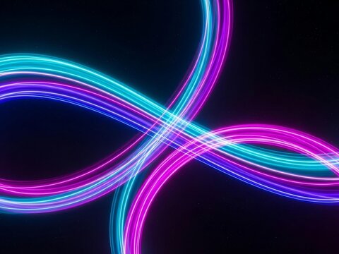 Abstract background with glowing neon light trails in vibrant cyan and magenta colors crossing over dark space