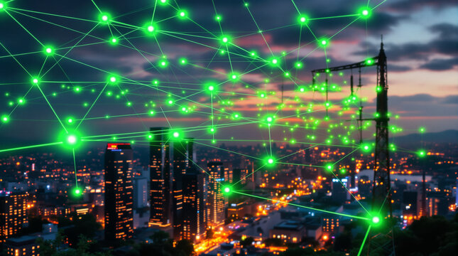 City of Connections: A vibrant cityscape at dusk pulsates with interconnectedness, as luminous green nodes form an intricate web of digital communication, symbolizing technological advancement.