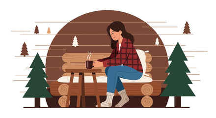 Cozy winter scene with a woman enjoying warm beverage near rustic log cabin setting