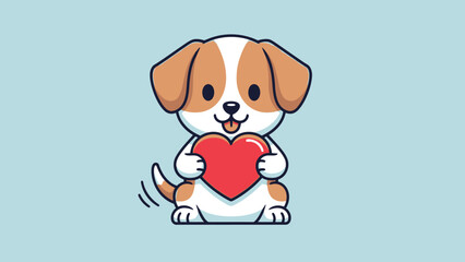 A cute cartoon puppy with brown and white fur holding a red heart on a light blue background.