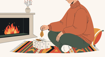 Cozy winter scene with person near fireplace preparing for upcoming holidays and relaxation