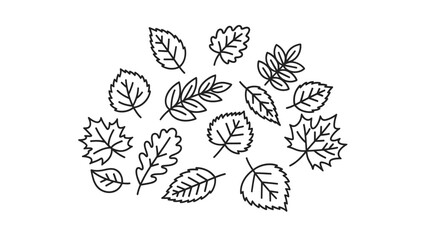 A collection of various hand-drawn leaf illustrations in black outline on a white background, showcasing different shapes and textures.