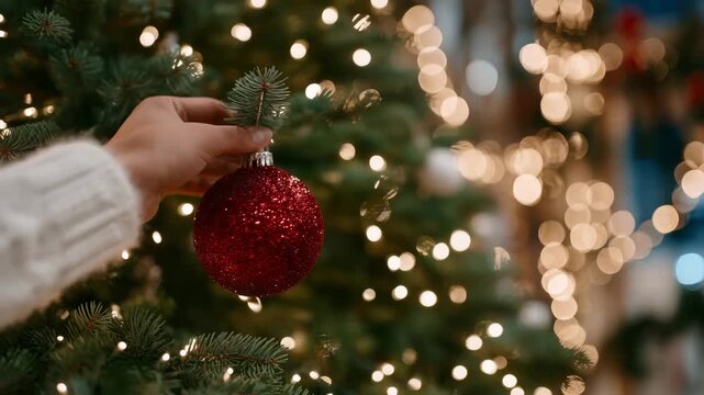 79Close-up of decorating process, hands draping twinkling string lights around a pine tree while hanging a vivid red ornament in perfect balance