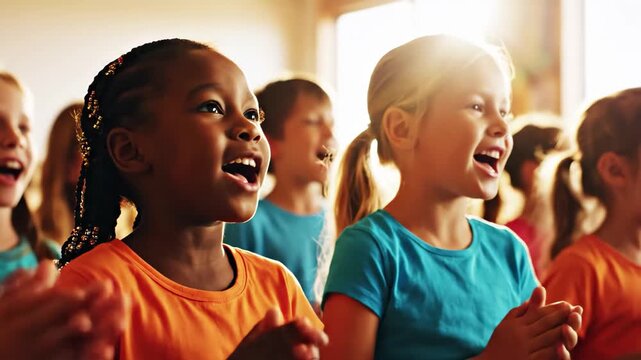 Diverse group of happy children clapping and raising hands in a bright, sunlit room