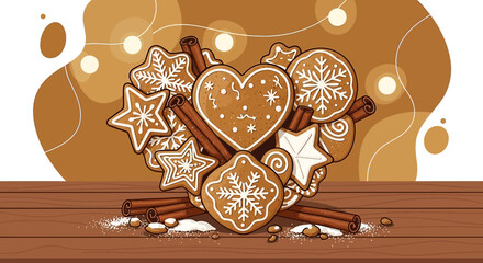 Delightful gingerbread cookie assortment on a wooden table with cinnamon sticks and festive lights