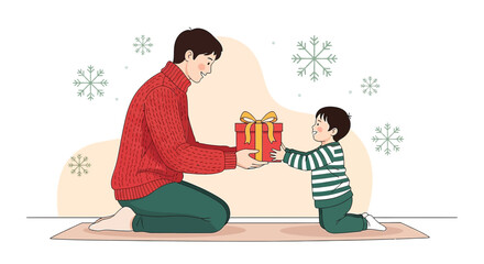 Delivering festive cheer: Father offers a holiday gift to his delighted son in a heartwarming