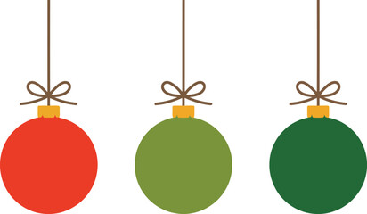 Three festive holiday ornaments in classic red and green colors hanging together on strings