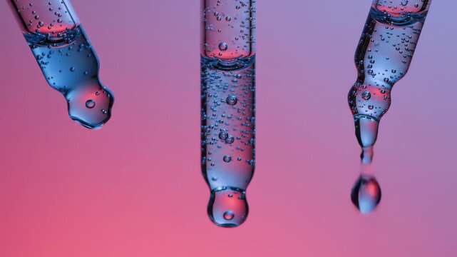 Closeup of three glass droppers filled with bubbling liquid, one dripping against a colorful background