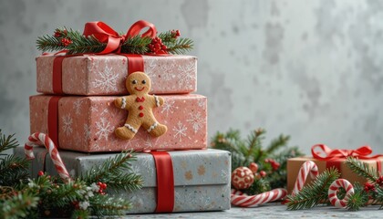 Holiday gift boxes with gingerbread cookie on a festive background Generative AI