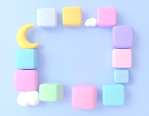 pastel minimal cubes frame with moon and cloud on blue background 3d render