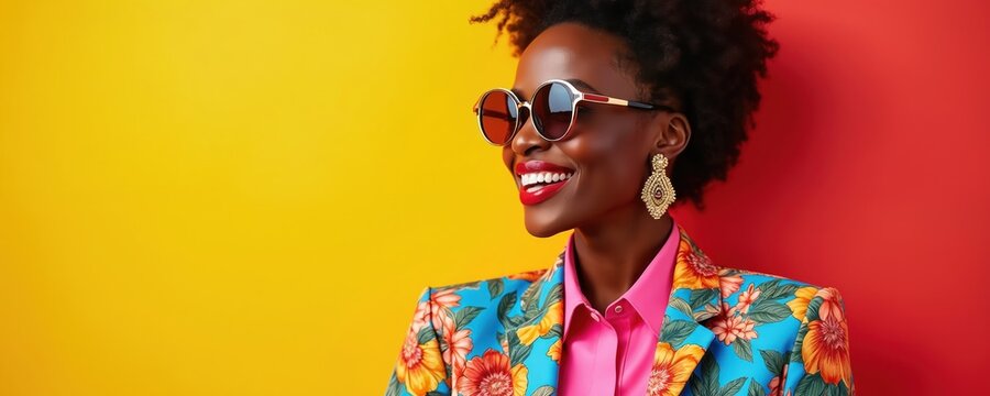 Stylish Black woman wears bold floral blazer and bright sunglasses. She smiles broadly against a vibrant red and yellow studio backdrop with ample blank copy space.