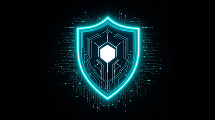 Cyber Shield of Protection: The image shows a glowing cyber shield on a black backdrop, an emblem of digital defense and online security.