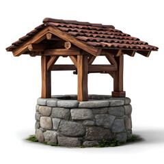 Traditional stone water well with wooden tiled roof structure