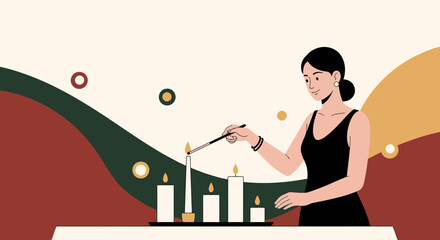 Elegant woman lighting candles in an abstract setting creating a warm ambiance with minimalist