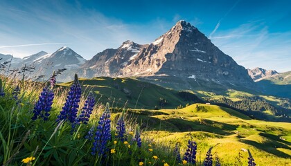 Alpine Bloom: Breathtaking Landscape of Vibrant Summer Wildflowers with a Majestic Snow-Capped Mountain and Reflective Lake