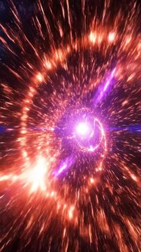 High energy particle beam streaks tracing brilliant orange and purple hyperbolic curvature across a deep space environment creating a tunnel effect beam, effect, computergenerated