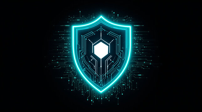 Cyber Shield of Protection: The image shows a glowing cyber shield on a black backdrop, an emblem of digital defense and online security.