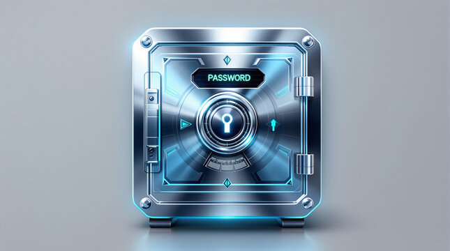 Security Vault Concept: A futuristic metallic vault with a digital interface, symbolizing the protection of sensitive information, emphasizing security and data protection. 