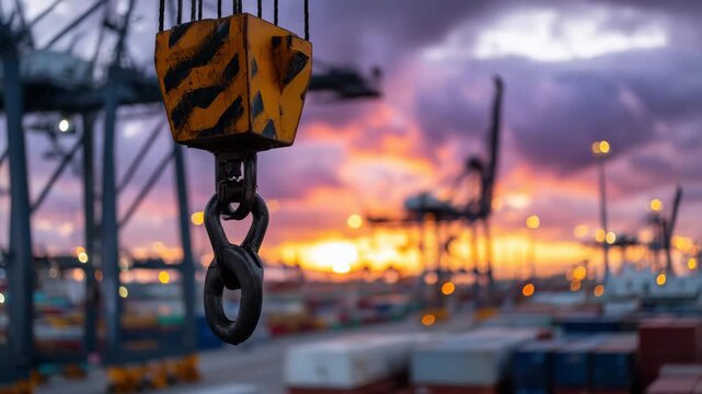 90Macro detail of crane hook and cable tension as container rises, fading daylight casting dramatic shadows over port terminal and other cranes