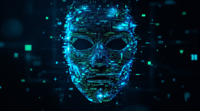 Digital Mask of Identity: A mesmerizing digital mask, formed from an intricate network of glowing circuits and data streams, floats in a futuristic, tech-inspired scene.