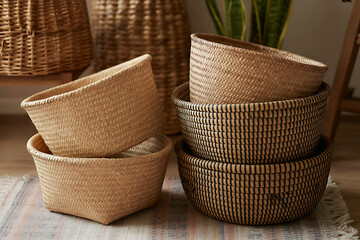 Stack of woven natural fiber baskets with varying textures and patterns on a wooden surface
