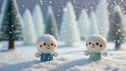 Funny snowman figurines with smiling faces enjoy christmas winter scene surrounded by snowy trees and falling snowflakes