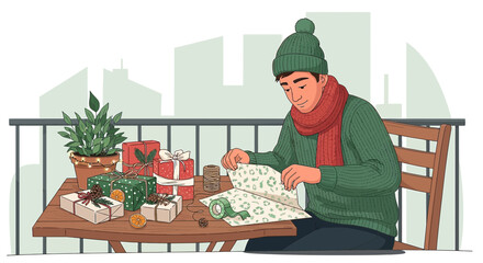 Engaging in festive gift wrapping: a young man prepares presents on his balcony