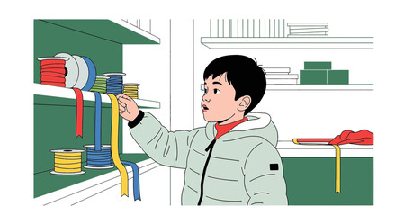 Enthusiastic young artisan selecting colorful ribbons for a creative crafting project