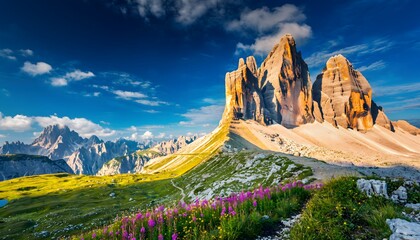 Dolomite Grandeur: Breathtaking Summer Alpine Landscape with Majestic Peaks and Vibrant Wildflower Fields