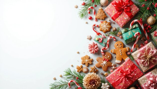 Festive Christmas arrangement with gifts and gingerbread cookies on a light background Generative AI