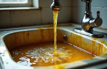 Kitchen sink overflows with dirty yellow grease, thick cooking oil clogs household drain. Liquid spills over edges onto kitchen counter. Faucet pours into full dirty basin. Represents common serious