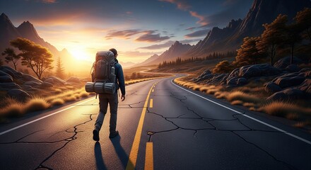 A lone traveler with a backpack walks along an empty mountain road towards the glowing sunrise.
