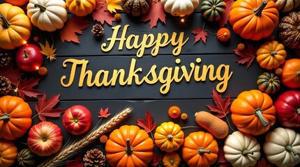 Autumn holiday still life showcasing pumpkins, colorful vegetables, dried wheat, and fall leaves spread across a dark wood background with Thanksgiving text